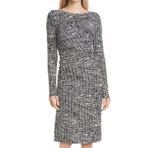 HUGO BOSS Ejay Print Black Fantasy Printed DayDress Boatneck Ruched Bodice Small